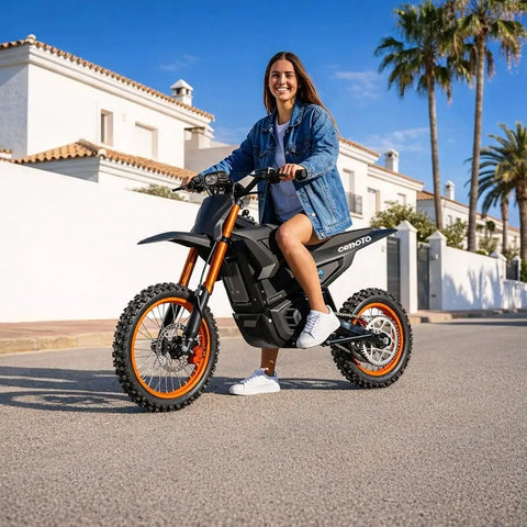 Woman riding Trail-Ready Electric Dirt Bike For Adults With 3000W Peak Motor 40 MPH Top Speed 48V Battery 53 Mile Range