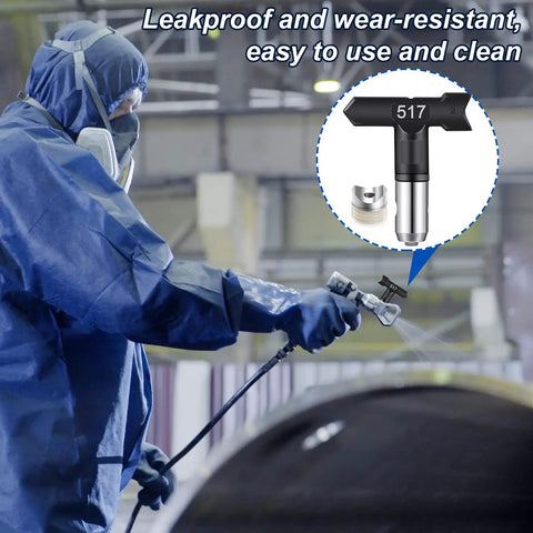 24 Pack Reversible Airless Spray Tips Set For Home Building And Fence Projects shown in use with black nozzles, worker spraying