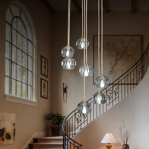 Sleek Modern Crystal Pendant Light With Seven LED Crystals, adjustable brass plating frame, K9 crystal ball chandeliers, in a living room