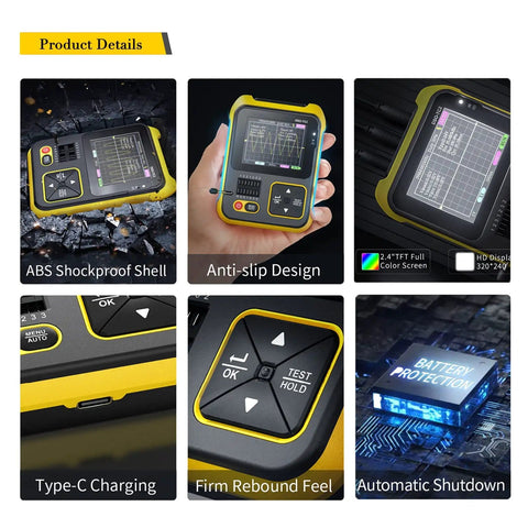 6 images showing 2 In 1 Handheld Digital Oscilloscope And LCR Transistor Tester Kit with PWM Signal Generator features like screen and design
