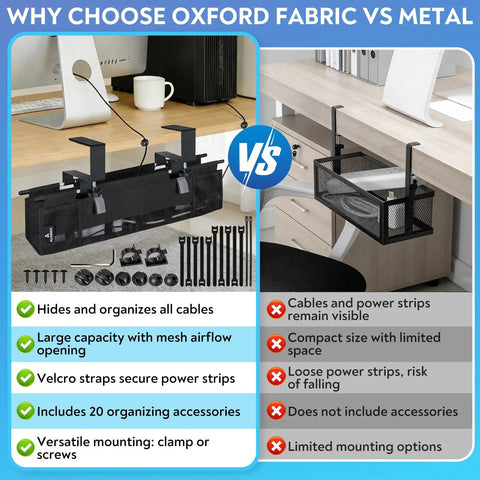 Display comparing Under Desk Cable Organizer Tray With 20 Piece Kit, Breathable Mesh Vent Slot with metal alternatives.
