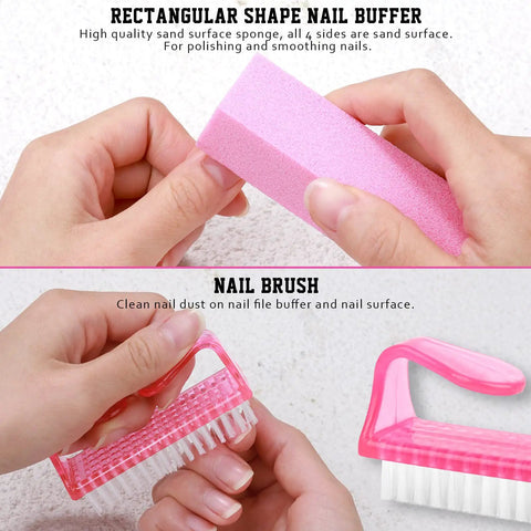 Hands using pink nail buffer and brush from All In One Nail Care Kit With Double Sided 100 180 Grit Files Buffers Cuticle Nippers Pusher Peeler Cuticle Oil And Dust Brush For Salon Ready At Home Manis