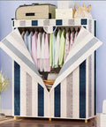 Heavy Duty Portable Closet With Durable Non Woven Fabric Garment Rack And Spacious Storage Shelf Super Easy Assembly For Hella Roomy Extra Clothes Organization Blue 110X45X160Cm with open doors revealing colorful clothing inside.
