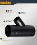 Four Inch To Two And A Half Inch Dust Collection Hose Y Fitting Connector For Splitting Two Four Inch Hoses Into One Two And A Half Inch Hose Easy Clamp On Inside Hose Fit No Fuss Shop Dust Collection Accessory with dimensions labeled