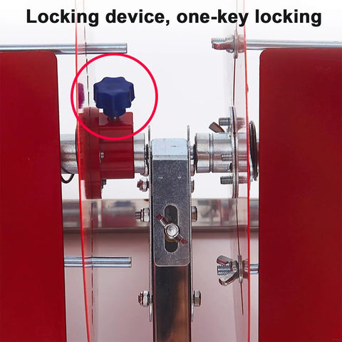Pro Grade Stainless Steel Wire Spool Dispenser locking device showing blue knob for one-key locking mechanism.