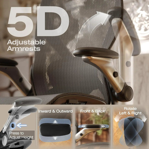 X100 Ergonomic Mesh Office Chair With Footrest For All Day Comfort In Home Office And Gaming Game Ready showing 5D armrests