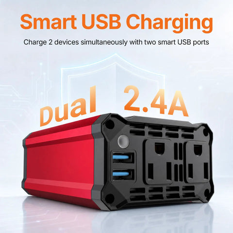 Heavy Duty 300 Watt Car Power Inverter, Plug And Play Dc 12v To 110v Ac conversion with dual USB fast charging ports.