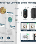 Image showing size and installation details for Slick Bluetooth Smart Deadbolt Featuring Quick Fingerprint Access And Touchscreen Keypad Plus Remote App Monitoring For Hassle Free Home Security Setup Black.