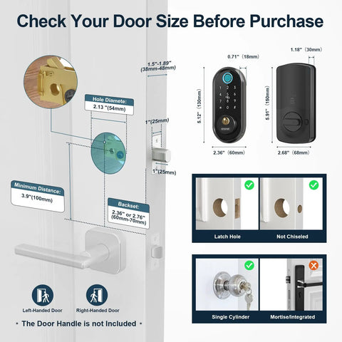 Image showing size and installation details for Slick Bluetooth Smart Deadbolt Featuring Quick Fingerprint Access And Touchscreen Keypad Plus Remote App Monitoring For Hassle Free Home Security Setup Black.