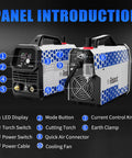 60A Plasma Cutter With Large LED Display And Dual 120V 240V IGBT Inverter Delivers Clean One Half Inch Cuts And Five Eighths Inch Max For Metalworking Projects In Home Shops And Professional Garages, front and side view with labeled features.