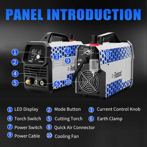 60A Plasma Cutter With Large LED Display And Dual 120V 240V IGBT Inverter Delivers Clean One Half Inch Cuts And Five Eighths Inch Max For Metalworking Projects In Home Shops And Professional Garages, front and side view with labeled features.