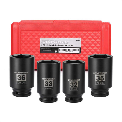 Beefy Four Piece Half Inch Drive Deep Impact Socket Set Six Point CR MO Steel Metric Sizes 32 33 35 36mm