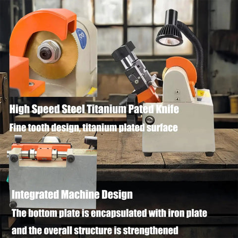 Beefy Automatic Key Cutting Machine With Punchy Led Spotlight For Cars Dead Simple Commercial Metal Key Duplication Tool Built Smooth For Locksmiths Garage Tinkers And Hardware Pros, showing high speed steel and integrated design.