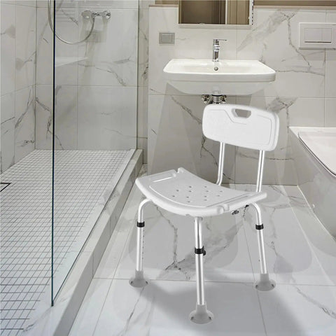 Bathroom with shower chair featuring Non Slip Shower Chair Foot Caps 12 Pack Heavy Duty TPR Pads For Bath Seat Replacement.