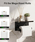 Rock Solid Matte Black Toilet Paper Holder With Storage Shelf Wall Mount For Bathrooms Fits Mega Rolls with towels and decor.