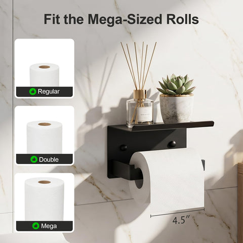 Rock Solid Matte Black Toilet Paper Holder With Storage Shelf Wall Mount For Bathrooms Fits Mega Rolls with towels and decor.
