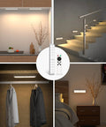 Wireless Under Cabinet Lights With 48 LED Motion Sensor And Remote Control displayed in kitchen, stairs, closet, and bedroom.