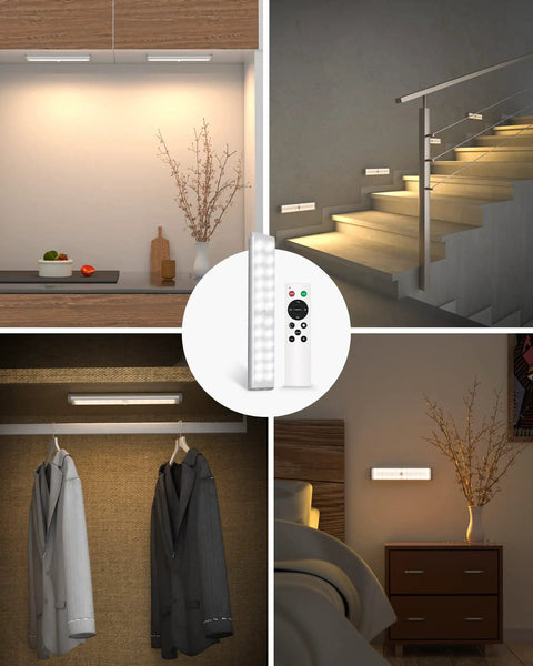 Wireless Under Cabinet Lights With 48 LED Motion Sensor And Remote Control displayed in kitchen, stairs, closet, and bedroom.