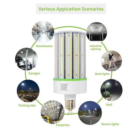 150W LED Corn Light Bulb With E39 Mogul Base, 21,000 Lumen, 5000K Daylight White shown with various application scenarios