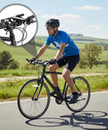 Cyclist on the road with inset showing Two Pack Aluminum Bicycle Handlebar Extenders Brackets For Extra Mount Space On Most Bikes.