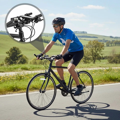 Cyclist on the road with inset showing Two Pack Aluminum Bicycle Handlebar Extenders Brackets For Extra Mount Space On Most Bikes.