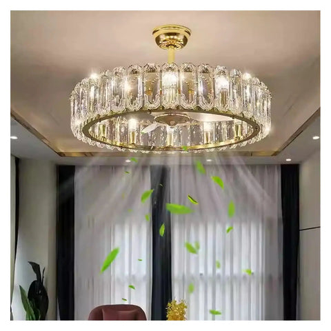 Show Stopping Slick Ceiling Fan Light With Real Crystal Drops For Living Room Bedroom And Dining Area Featuring Whisper Quiet Spin Plus Warm Sunny Glow To Level Up Your Home Setup with golden accents and crystal drops.