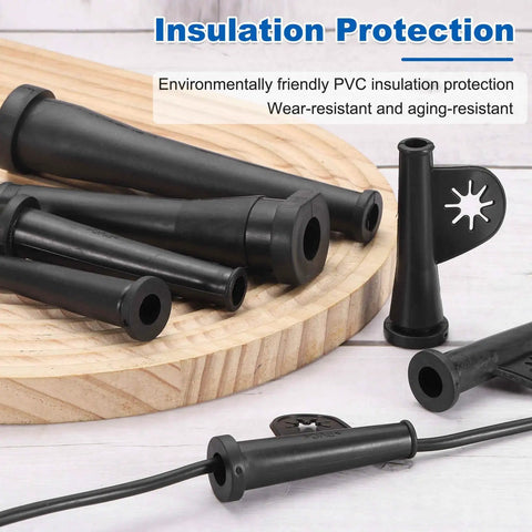 2 Pack Power Cord Protector Boots for Cutting Machines and Drills, Tough Rubber Cable Sleeve Guards, Black, displayed on wooden surface