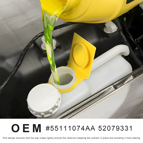 Engine Coolant Reservoir Cap Overflow Tank Cover OEM 55111074AA 52079331 installed on a Grand Voyager and Wrangler