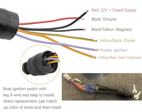 Boat Ignition Switch With Key Push To Choke 6 Wire Base Marine Grade Corrosion Resistant Includes 2 Keys And 6 Wire Connectors
