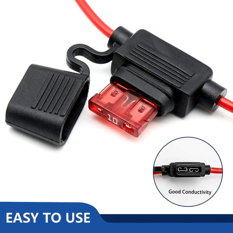 Beefy 10 Pack 16 AWG Inline Fuse Holders For 12V Systems With 10 Amp Blade Fuses featuring red wire and black weatherproof cap