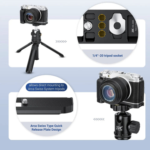 Hand Grip For Fujifilm X M5 Camera With L Shape Bracket Built In Arca Quick Release Plate And Battery Access shown on tripod