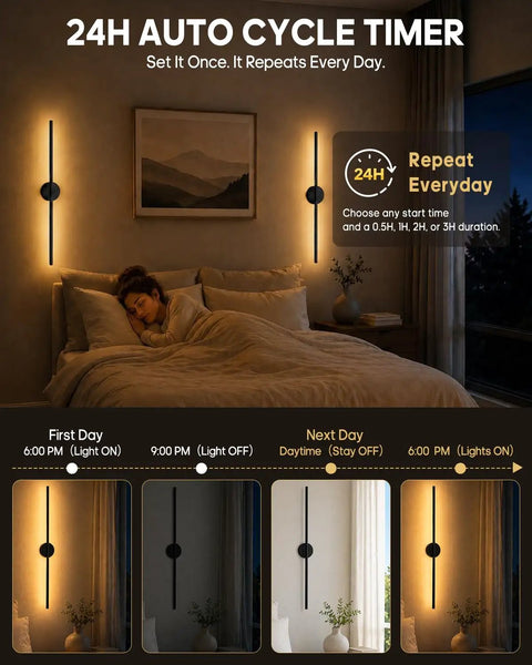 Battery Operated Wall Sconce Set of 2, 3000K & 9RGB Wireless Wall Light with 24H auto cycle timer in bedroom.