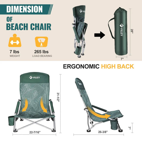 Low Beach Chair With High Back Foldable And Lightweight For Outdoor Use Great For Beach Camping Lawn And Festivals Includes Cup Holder And Carry Bag Ergonomic Back Support Durable 600D Fabric In Vintage Green Leaves dimensions and folded view