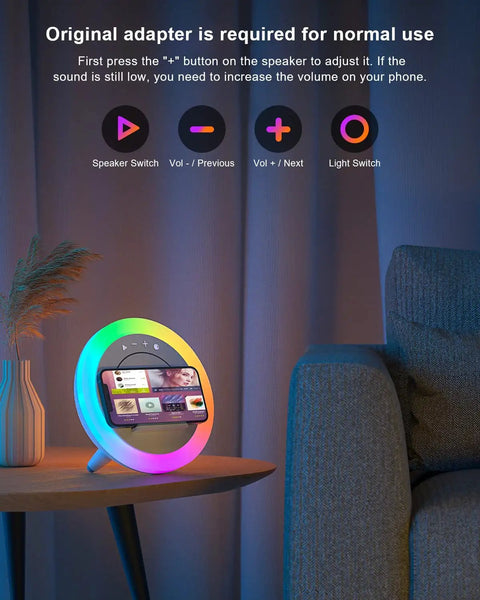 4 In 1 Bluetooth Speaker With Lights And Wireless Charging Station For Teens And Dorm Rooms on side table