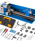 Pro Grade Mini Metal Lathe Workhorse With 9 By 30 Inch Bed And 1100 Watt Motor includes toolbox and various accessories arranged for shop use.