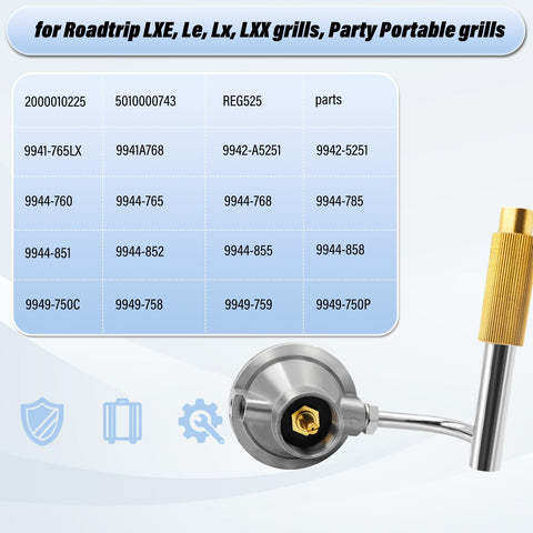 Replacement Grill Regulator For Roadtrip Portable Grills Fits LXE LX LXX And Party Portable Models with compatibility chart.