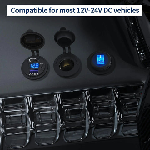 Straight Shooter 12V USB C Car Charger Socket 3 Pack, Kickass Waterproof Dual USB Outlet With Digital Voltmeter installed in vehicle dashboard.