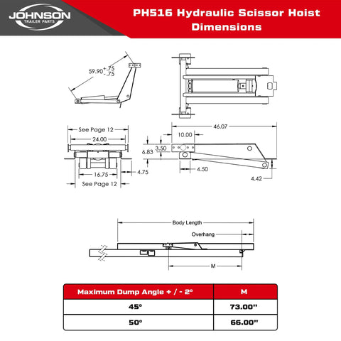 Dimensions diagram for PH516 Hydraulic Scissor Hoist Kit For Dump Trailers 8 Ton 16,000 Lb Capacity Fits 10 To 14 Ft Dump Beds