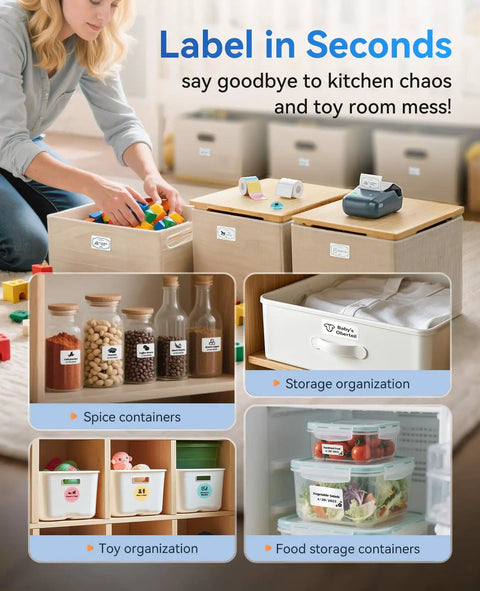 Super Slick 2 Inch Bluetooth Label Printer For Home Organization With Dead Simple Smartphone App Setup And Fast PC Sync Feature Wrapped In Vibrant Blue Shell used for labeling spice jars and storage bins.