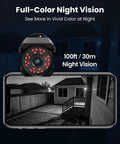 4 Pack 4K 8MP PoE Security Cameras Wired Bullet IP66 Waterproof showing night vision view on smartphone with color display.