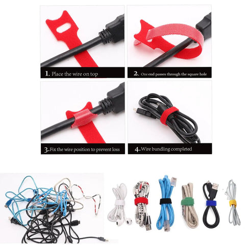 60 Pack Cable Labels And Cord Organizer Kit with step-by-step instructions for using red cable ties shown in images.