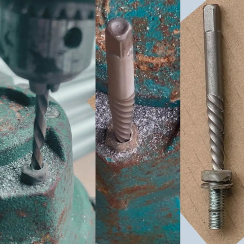 Left-Hand Drill Bit And Screw Extractor Set For Stripped Screws And Broken Bolts, Heavy-Duty Easy Out Kit with drill and extractor in use.