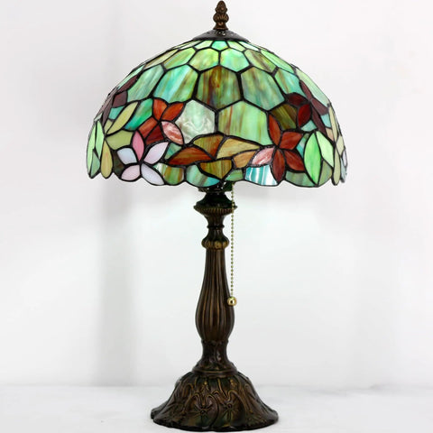 Classic Tiffany Style Table Lamp With Stained Glass Shade, 12 Inch Wide And 19 Inch Tall, Antique Bronze Base, UL Listed Cozy Reading Light With Pull Chain, Red Green Floral Pattern
