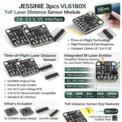 Three VL6180X ToF Laser Distance Sensor Modules With I2C Interface 2.6 to 3.5 V Power Short Range Proximity And Absolute Distance Up To 200 Mm Great For Robotics Makers And Hobby Electronics Nerds, 3-pack with pin headers