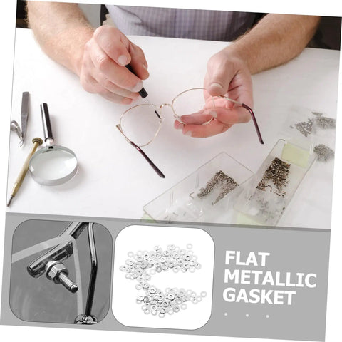 Metal Eyeglass Frame Washers 200 Pcs Set for Rimless Glasses, Quick Fix Repair Accessories and Tools, Close-Up View