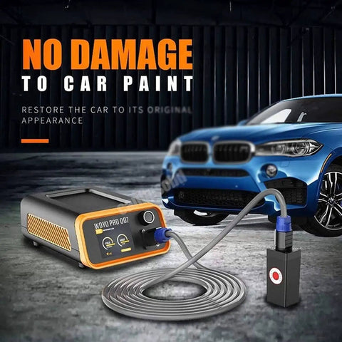 Induction Heater Dent Repair Kit With Hot Box And Extension Rod For Paintless Car Dent Puller Tool displayed with a blue car.