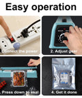 Top Shelf 12 Inch Manual Pulse Sealer Heavy Duty All Steel Gear For Plastic And Shrink Bags Adjustable Temperature Dial Built Like A Tank Comes With On The Fly Repair Kit In Blue operating steps showing power connection and sealing process.
