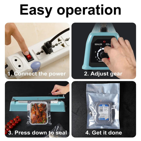 Top Shelf 12 Inch Manual Pulse Sealer Heavy Duty All Steel Gear For Plastic And Shrink Bags Adjustable Temperature Dial Built Like A Tank Comes With On The Fly Repair Kit In Blue operating steps showing power connection and sealing process.