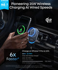 Prime MagSafe Car Mount Charger With Qi2 25W Wireless Fast Charging in vehicle with iPhone charging, blue lights visible