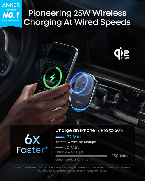 Prime MagSafe Car Mount Charger With Qi2 25W Wireless Fast Charging in vehicle with iPhone charging, blue lights visible